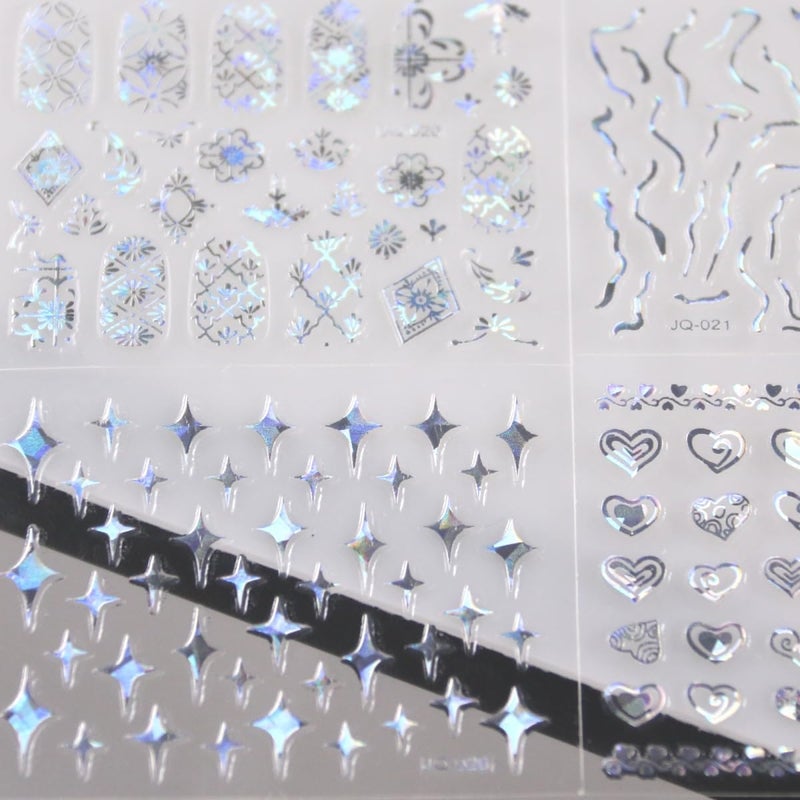 SPLOCUDU 30 Sheets Silver Nail Art Stickers 3D Self-Adhesive Line Nail Decals for Acrylic Nails Lace Leaf Flower Nail Supplies for Nail Art Glitter DIY Design Nail Stickers for Women - Image 3